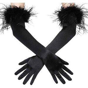 Women's Evening Elbow Length Satin Black Gloves Perfect Halloween Costume